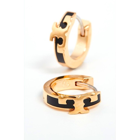 Tory Burch Black& Gold hoop earrings small huggie earrings logo hoops